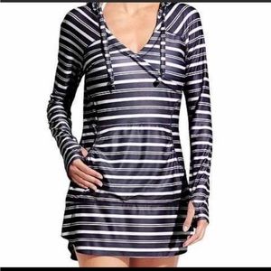 L ATHLETA - Stripe Wick It Wader Navy Blue & White Stripped Swim Cover Up Sz XS